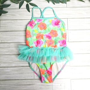 Healthtex Toddler Girl Teal Tropical‎ Tutu One Piece Swimsuit Size 4T